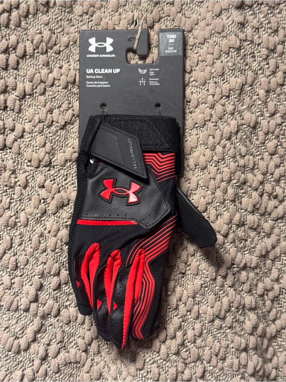 Under Armour Youth Black and Red UA Clean Up Batting Gloves